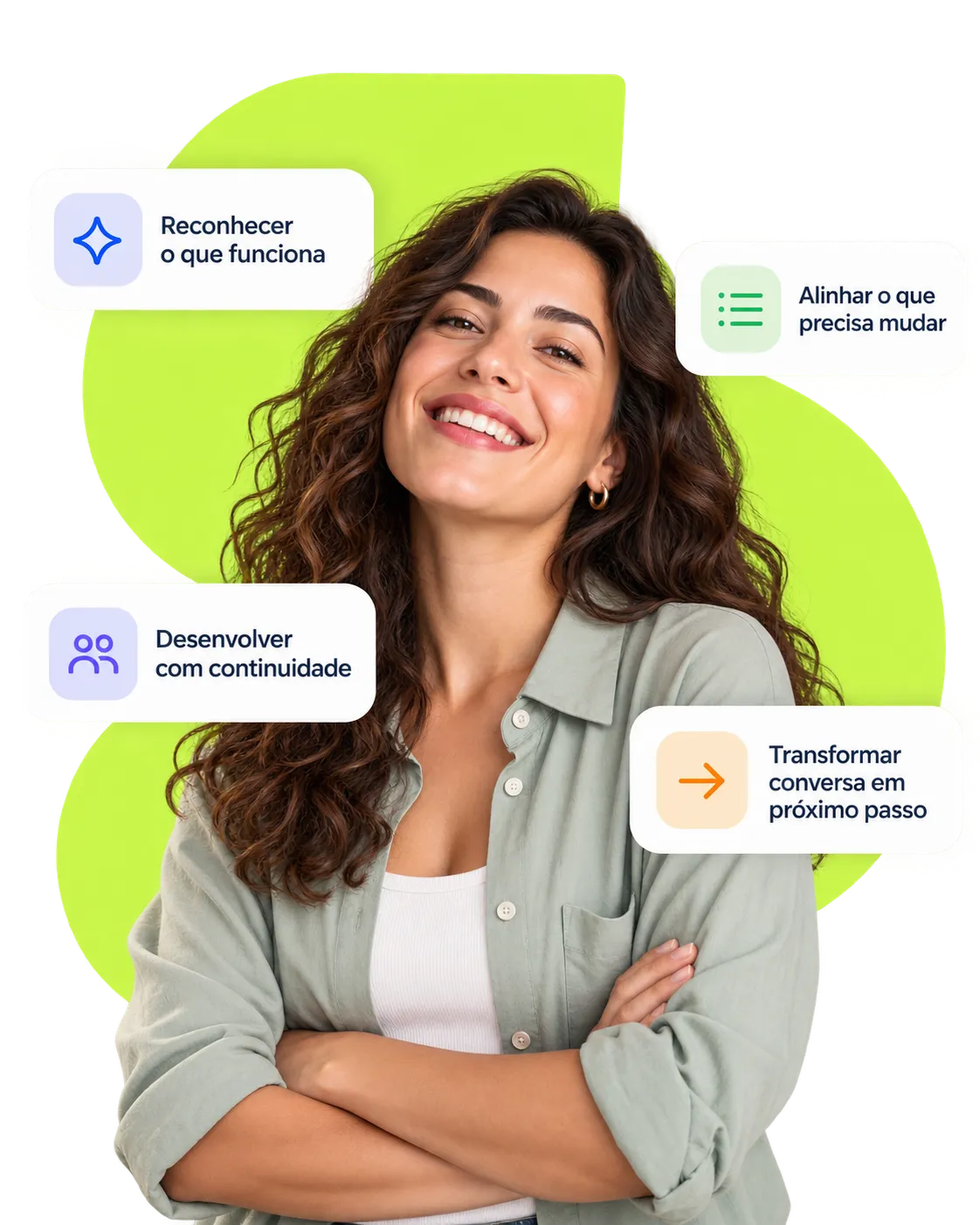 Pessoa em composição visual com destaques para reconhecer, alinhar, desenvolver e transformar conversas em próximos passos.