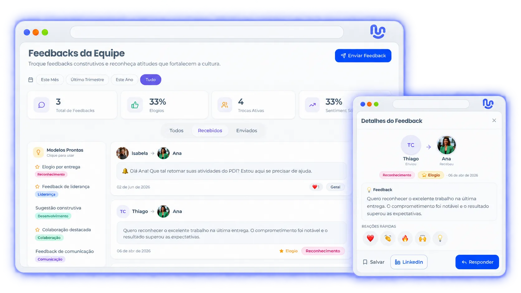 Telas reais da Unnion Culture mostrando a lista de Feedbacks da Equipe e o detalhe de um feedback enviado.