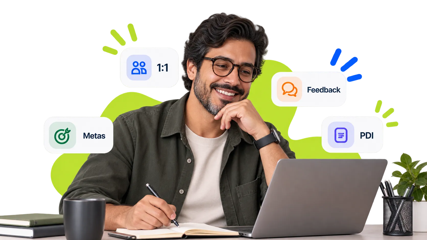 Gestor em uma rotina com reuniões 1:1, feedback, metas e desenvolvimento