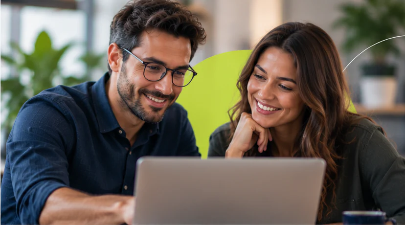 Homem e mulher sorriem enquanto olham juntos para a tela de um notebook.