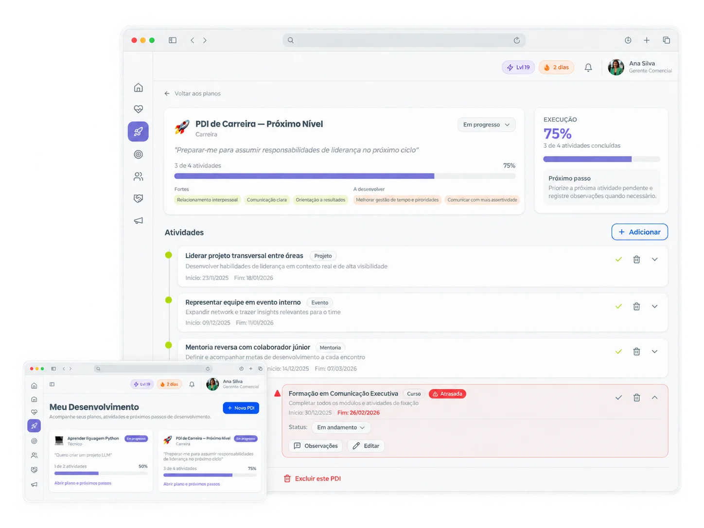 Tela do PDI individual com progresso e atividades no Unnion Culture.