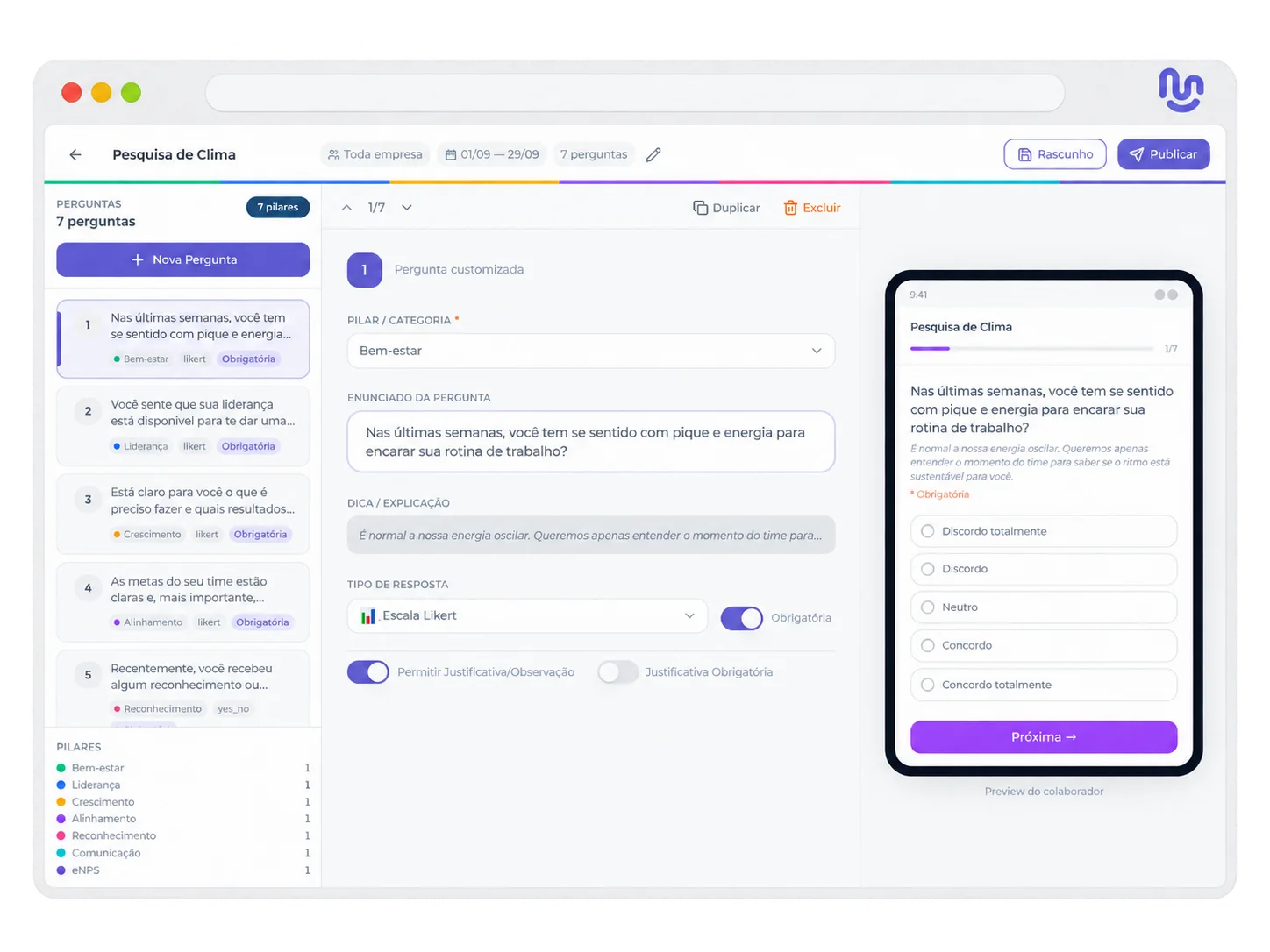 Configuração de ciclo e questionário de clima
