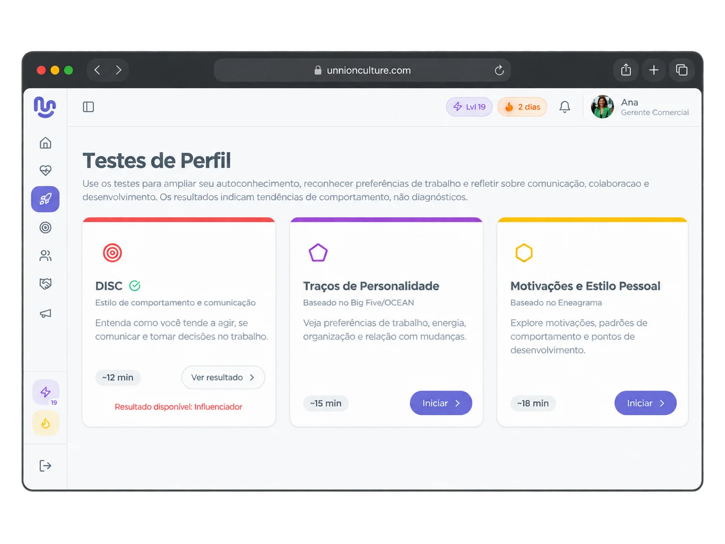 Visão dos testes de perfil no Culture